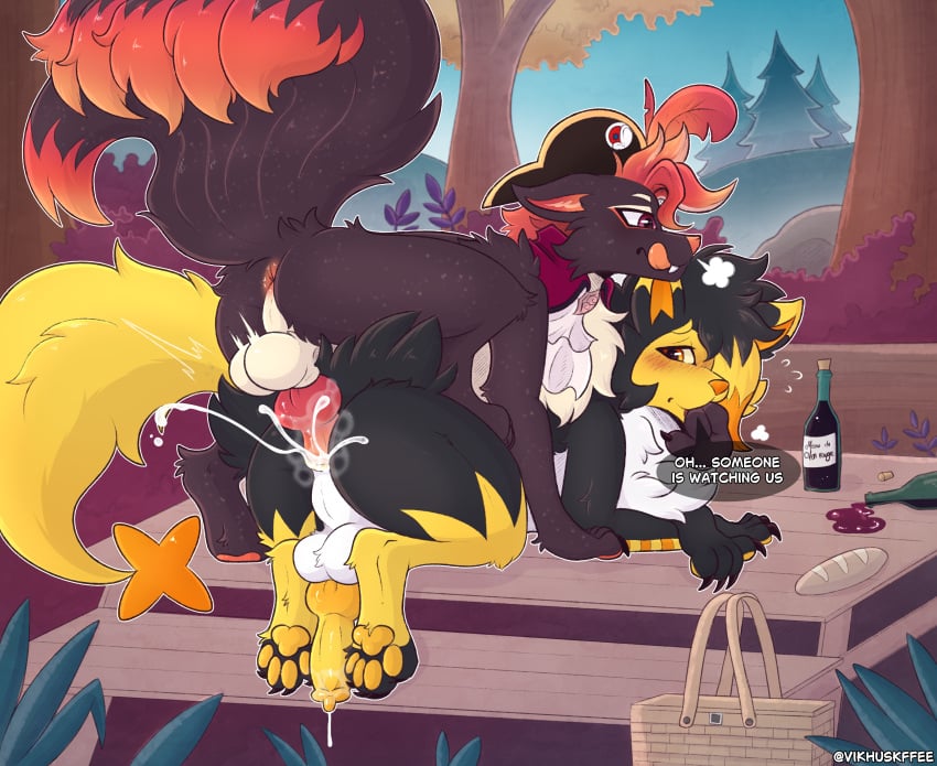 absurd_res alcohol anal animal_genitalia animal_penis anus beverage bread canid canine canine_genitalia canine_penis duo dusk_lycanroc english_text felid feline feral food forest generation_1_pokemon generation_4_pokemon generation_7_pokemon genitals hi_res hybrid knot luxray lycanroc male male/male mammal ninetales nintendo penis picnic plant pokemon pokemon_(species) text tree vikhuskffee wine