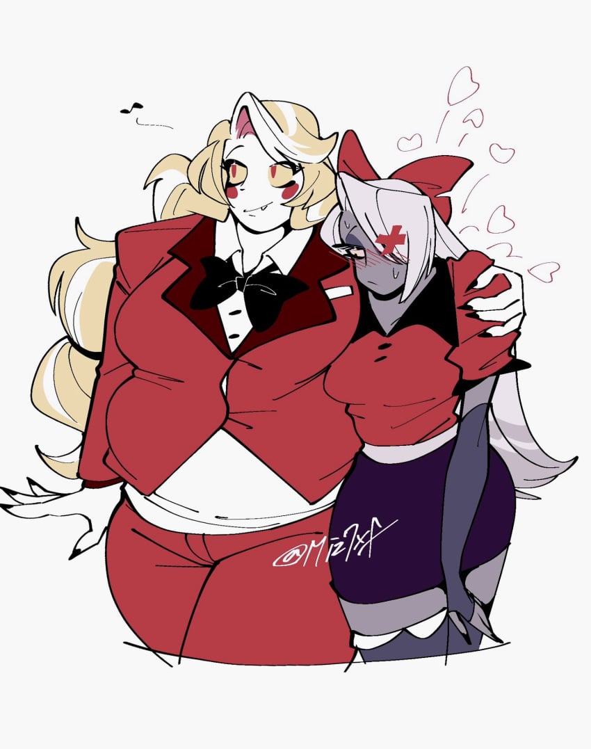 2girls ass belly big_thighs blonde_hair blush breasts canon_couple charlie_morningstar_(hazbin_hotel) chubby chubby_female couple fang fat fat_belly fat_female fat_thighs female female_focus female_in_suit female_only hazbin_hotel heart_symbol hearts_around_head hips huge_thighs in_love lesbian_couple miz7xf obese oerba_yun_fang overweight suit sweat sweatdrop thick thick_thighs thighs tummy tuxedo vaggie_(hazbin_hotel) vivienne_medrano wide_hips wide_thighs woman_in_suit yuri