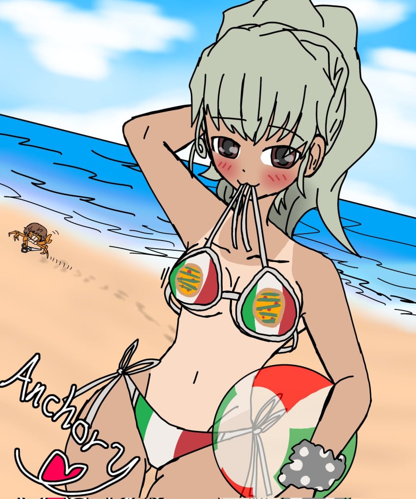 anchovy anchovy_(girls_und_panzer) beach beach_ball blush brown_eyes crab ellen_rochefil girls_und_panzer hair italian_flag italian_flag_bikini looking_at_viewer posing_for_the_viewer seaside sky tagme tan_body text