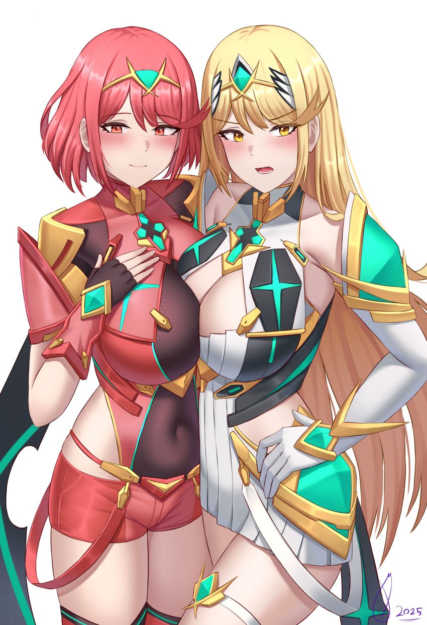 2girls absurdres black_gloves blonde_hair blush breasts chest_jewel cleavage cleavage_cutout clothing_cutout commentary core_crystal cowboy_shot dress english_commentary female fingerless_gloves ghnauv117221 gloves highres large_breasts leotard long_hair multiple_girls mythra pyra red_eyes red_hair red_leotard red_shorts short_dress short_hair short_shorts shorts simple_background tiara white_background white_dress xenoblade_(series) xenoblade_chronicles_2 yellow_eyes