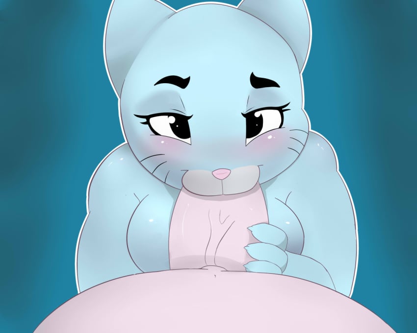 anthro blue_fur blush cartoon_network duo feline female fur gatekeeps husband lagomorph mammal mature_female mother nicole_watterson older_male oral parent penis pink_fur pot_belly rabbit richard_watterson the_amazing_world_of_gumball wife