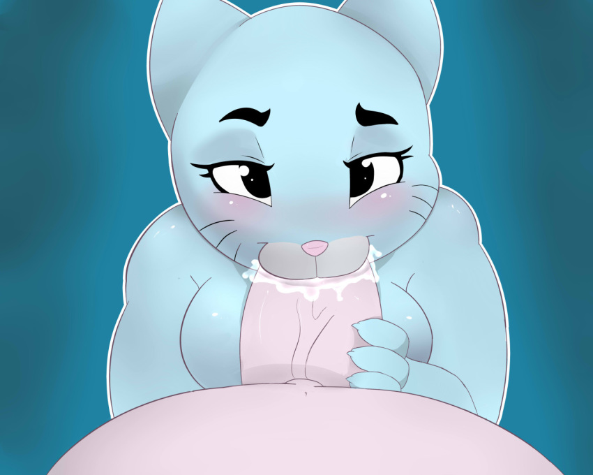 anthro blue_fur blush cartoon_network cum duo feline female fur gatekeeps husband lagomorph mammal mature_female mother nicole_watterson older_male oral parent penis pink_fur pot_belly rabbit richard_watterson saliva the_amazing_world_of_gumball wife