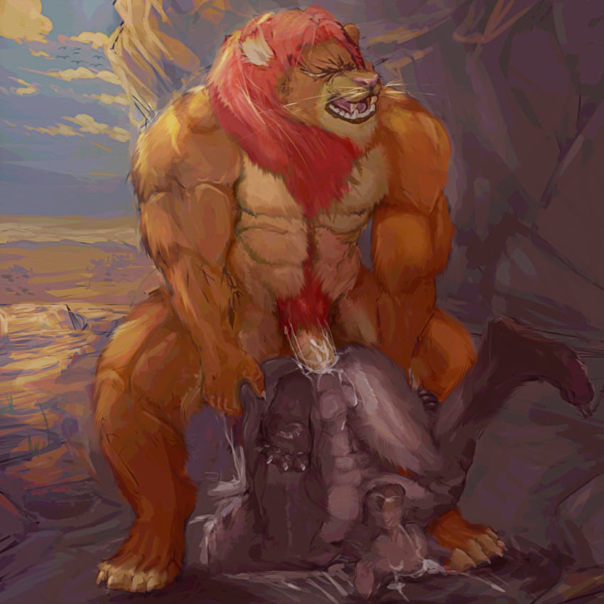 1:1 anal anal_sex animal_genitalia anthro artjackal balls bodily_fluids body_hair claws cum cum_in_ass cum_inside digitigrade disney dominant duo felid feline fur genital_fluids genitals grey_body grey_fur hair happy_trail hi_res humanoid_genitalia hyena lion male male/male male_penetrated male_penetrating male_penetrating_male mammal muscular nude orange_body orange_fur orgasm_face pantherine pawpads pecs penetration penis plantigrade pride_rock red_hair sex sheath simba_(the_lion_king) submissive teeth the_lion_king tongue