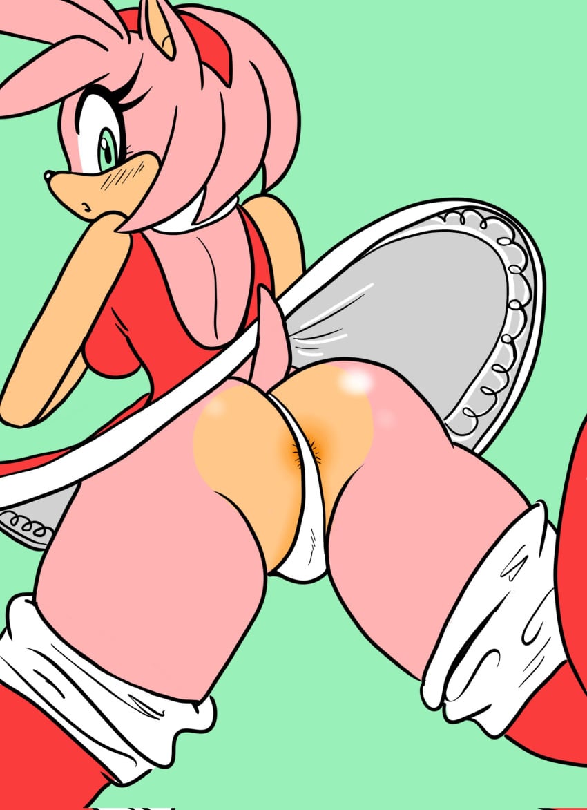 2023 amy_rose anthro anus_slip ass big_butt blush boots breasts camel_toe clothed clothing dress eulipotyphlan female footwear green_background green_eyes hedgehog hi_res lozzart mammal medium_breasts panties sega shoes simple_background solo sonic_the_hedgehog_(series) tail underwear upskirt