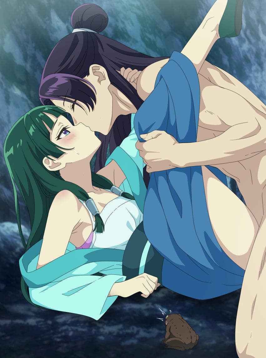 1boy absurdres anime_coloring artist_name ass black_hair blue_kimono blush cave chinese_clothes closed_eyes clothed_female_nude_male clothed_sex commentary_request eufoniuz fanbox_username female frog green_eyes green_hair hanfu heterochromia highres indoors japanese_clothes jinshi_(kusuriya_no_hitorigoto) kimono kissing kusuriya_no_hitorigoto legs_up long_hair lying maomao_(kusuriya_no_hitorigoto) nude official_style on_back paid_reward_available pixiv_username profile purple_hair revision sandals sex straight thighs