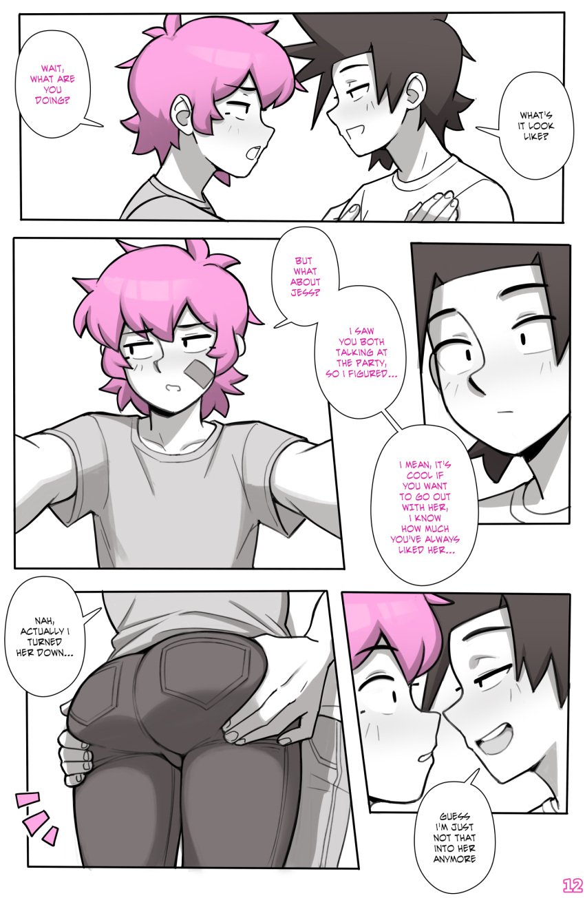 2boys ass ass_grab black_hair comic comic_page dialogue dross grabbing grabbing_ass jacob_(dross) light-skinned_male light_skin male male/male male_only monochrome pink_hair tagme taylor_(dross)