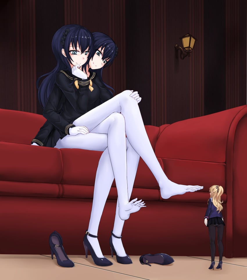 3girls 463_jun black_hair blonde_hair blue_eyes breasts clothing conjoined crouch female giantess gloves handmaid high_heels jelena_lakhya knot legs_crossed long_toes multi_arm multi_head multi_leg multi_limb multiple_girls pantyhose phen-projnu ribbon skirt smile uniform what