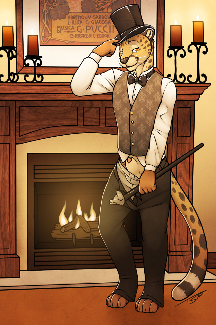 bow_tie bulge candle cheetah classy clothing feline fire hat lipstick male male_only mammal pinup pose poster sheath solo spotthecat tsaiwolf underwear undressing