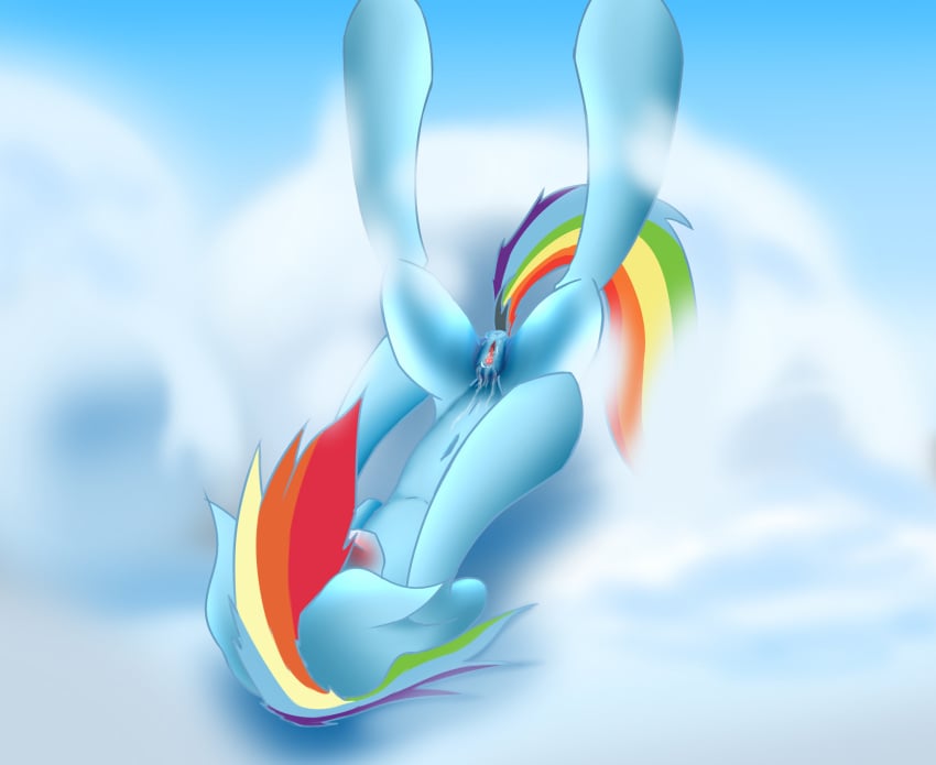 2015 animal_genitalia anus blue_fur blue_sky blush cloud dragonsponies equine equine_pussy female friendship_is_magic fur hair hi_res horse lying mammal multicolored_hair my_little_pony on_back pegasus pony pose pussy pussy_juice rainbow_dash_(mlp) rainbow_mane rainbow_tail sky straight_hair wings