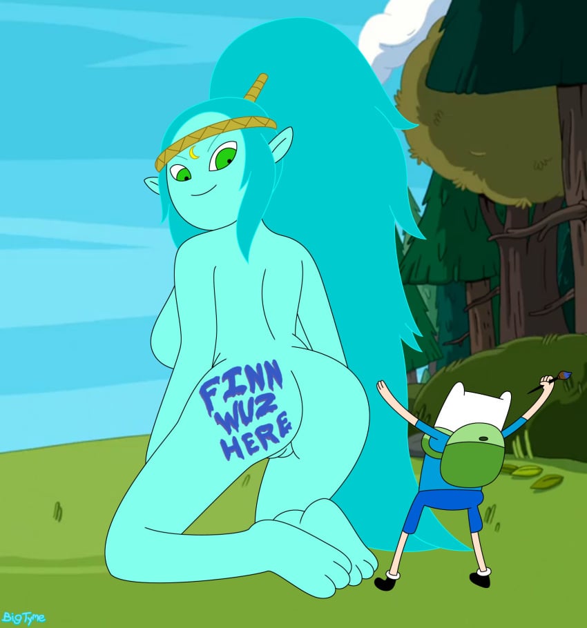 adventure_time ass backpack bag bigtyme blonde_hair blue_hair blue_skin breasts canyon_(adventure_time) cartoon_network casual female female_focus finn_the_human giantess green_eyes human male pale_skin pussy source_request year_request