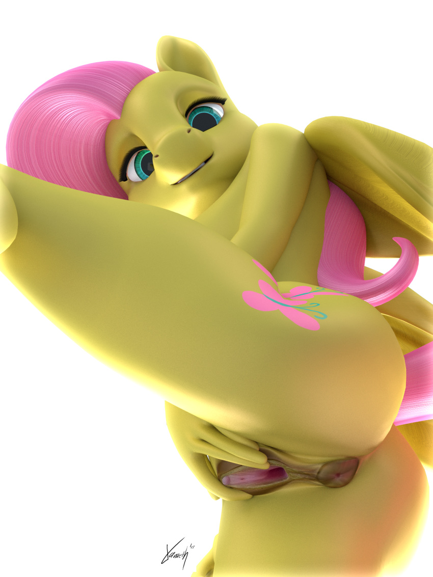 3d animal_genitalia anthro anthrofied anus areolae breasts clitoris equine feathered_wings feathers female fluttershy_(mlp) friendship_is_magic horsepussy large_breasts long_hair mammal my_little_pony nipples nude pegasus pink_hair presenting presenting_pussy pussy solo spread_pussy spreading straight_hair wings xanaeth