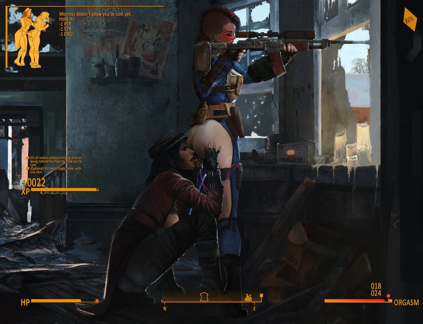 2girls aiming ass ass_tattoo assless_pants asymmetrical_hair bare_ass bethesda_softworks black_hair blush blushing breasts breasts_out brown_eyes brown_hair clothed clothed_sex clothing compass computer crouching cunnilingus dildo_under_clothes electronics english_text exposed_ass fake_screenshot fallout fallout_4 female female_only femdom femsub fingerless_gloves firearm full-face_blush gameplay_mechanics gloves gun hat human imminent_orgasm lesbian lezdom licking licking_pussy long_gun long_hair multiple_girls multitasking nuka_girl oral orgasm_control orgasm_denial orgasm_meter pale_skin pip-boy piper_wright post punishment quest_complete radio remote_control_vibrator rifle rimjob side_shave sniper sniper_rifle sole_survivor sole_survivor_(female) standing tattoo text thekite tiptoes tongue_out trying_to_be_quiet vaginal_insertion vault_girl vault_suit vibrator vibrator_cord vibrator_in_ass vibrator_in_pussy video_games weapon window wristwear yuri