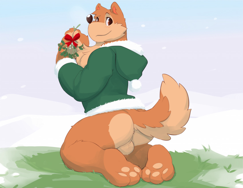 ass backsack balls blush bottomless canine christmas clothed clothing hair half-dressed holidays kneeling looking_at_viewer looking_back male male_only mammal muscular outside rear_view seth-iova solo wolf wuffle