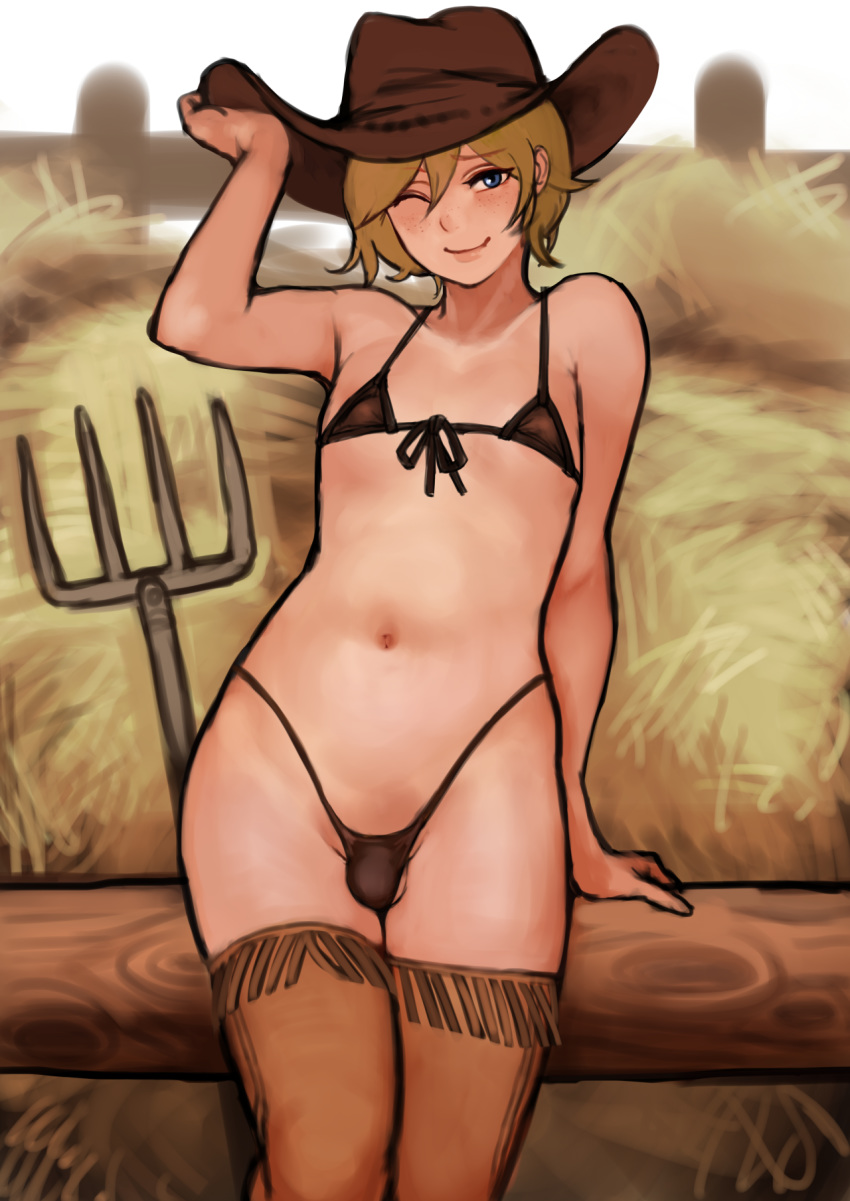 1boy 2n5 androgynous balls_in_panties bikini blonde_hair blue_eyes bulge cowboy cowboy_hat farm farmer femboy freckles girly hat hay male male_only navel penis_in_panties pitchfork pov short_hair small_penis smile solo standing thighhighs trap western_thighhighs wink