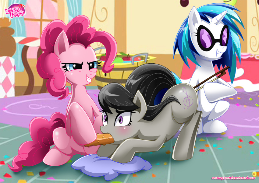 3girls dark_hair equestria_untamed female female_only friendship_is_magic multiple_girls my_little_pony octavia_melody pinkie_pie_(mlp) smile straight_hair vinyl_scratch yuri