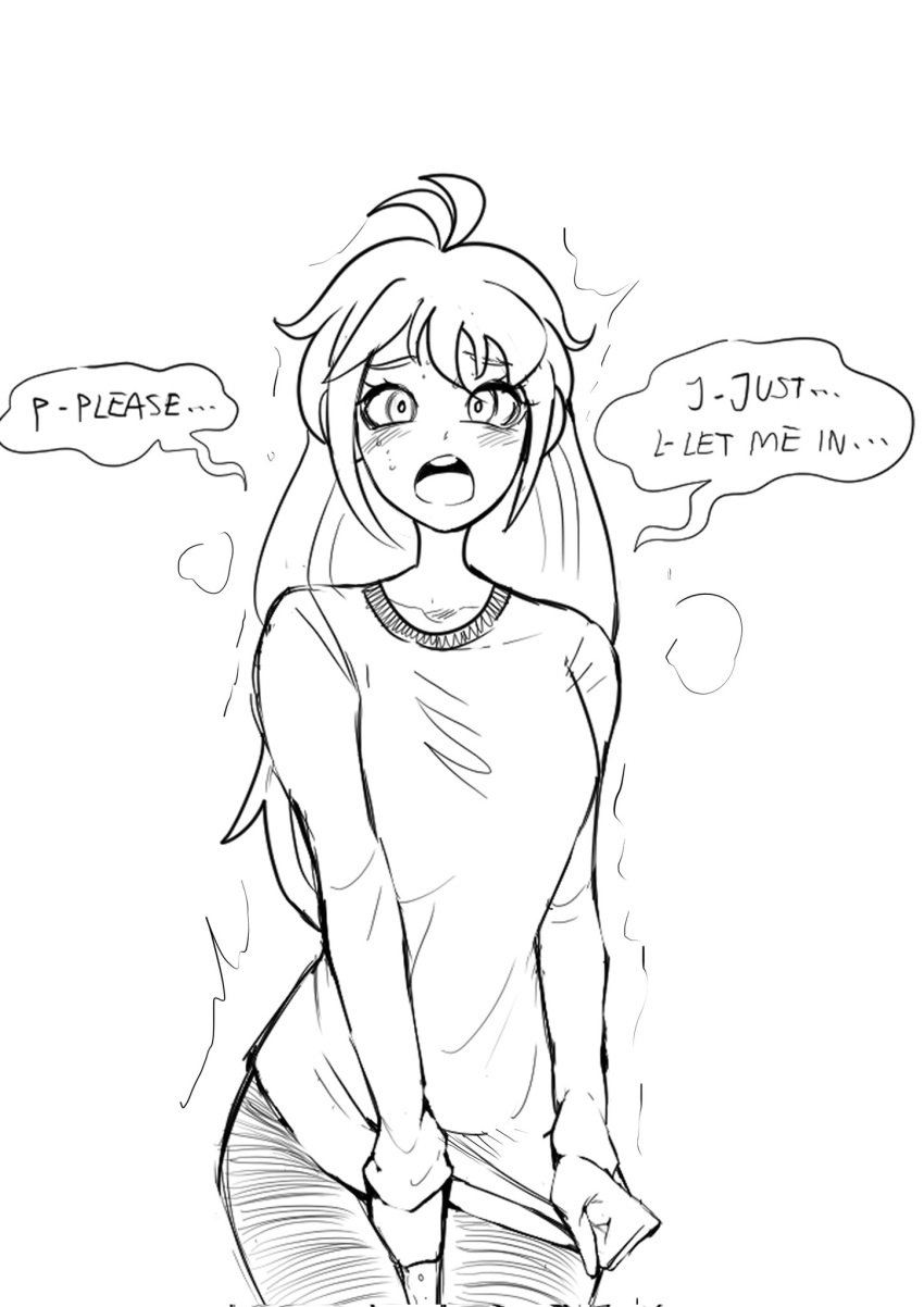 1girls begging begging_to_pee biku blush breasts cynthia_(alphahyoudou) english_text female hand_between_legs have_to_pee long_hair long_sleeves looking_at_viewer open_mouth original shirt