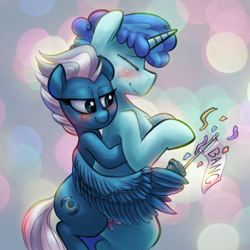 2015 animal_genitalia blue_eyes blue_hair blush chromaskunk closed_eyes colored cutie_mark duo equine erection feathered_wings feathers female feral friendship_is_magic hair half-closed_eyes hi_res horn horsecock male mammal mcsweezy my_little_pony night_glider_(mlp) party_favor_(mlp) pegasus penis sex smile straight tickling tickling_penis unicorn wingjob wings