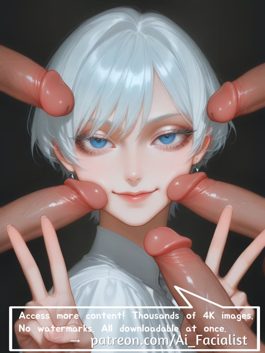 ai_generated blue_eyes commission cum cum_in_pussy facial female female long_hair looking_at_viewer nipples nude open_mouth overflow penis ponytail pov promotional_art solo_focus tongue white_hair