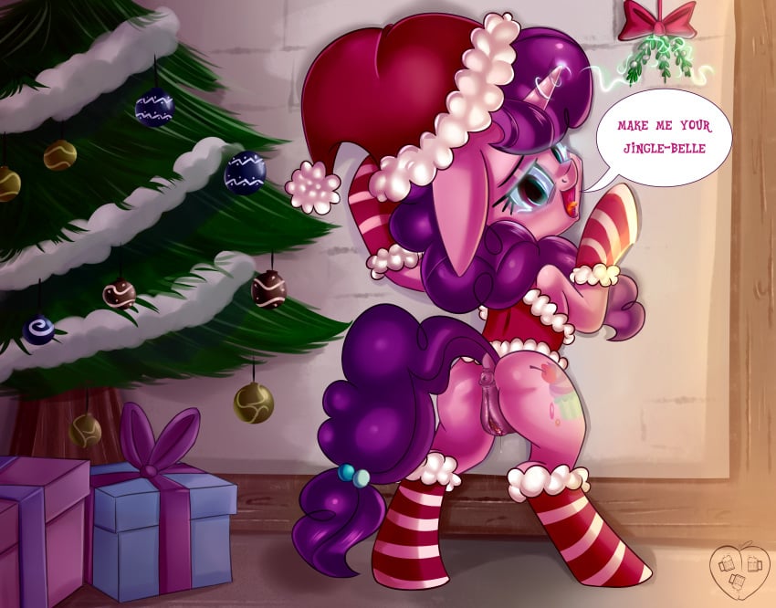 2015 absurd_res anatomically_correct anatomically_correct_pussy animal_genitalia anus ass christmas christmas_tree clothing cutie_mark dialogue dock english_text equine equine_pussy female feral friendship_is_magic gift glowing hair hat hi_res holidays horn inside legwear long_hair magic mammal mistletoe my_little_pony oddciders open_mouth plant pussy santa_hat solo striped striped_legwear stripes sugar_belle text tree unicorn