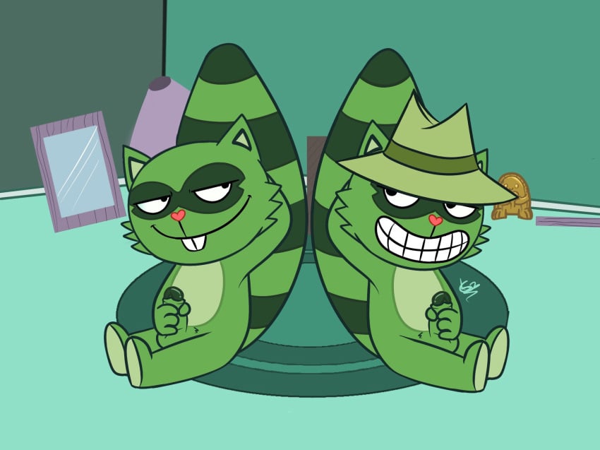 2boys brothers carpet duo fedora green_fur green_skin happy_tree_friends incest lamp lifty lifty_(htf) mammal masturbation mirror penis raccoon shifty shifty_(htf) siblings sitting smile smiling smirk tail twins unknown_artist