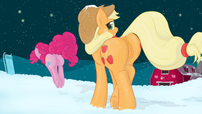 absurd_res anus applejack_(mlp) equine female feral friendship_is_magic from_behind hi_res horse looking_back mammal my_little_pony myfriendsmustntknow outside pinkie_pie_(mlp) pussy snow