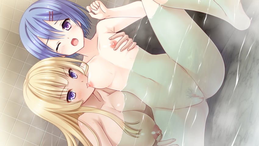 2girls blonde_hair blue_hair blush breast_sucking breasts censored female flat_chest game_cg hair_ornament hairclip kusuki_midori large_breasts long_hair mosaic_censoring multiple_girls nipples ojou-sama_wa_katai_no_ga_osuki! open_mouth partially_submerged pubic_hair purple_eyes saxasa_kisuk shigurezawa_shouko short_hair sitting spread_legs tears water wince yuri yuuki_rika