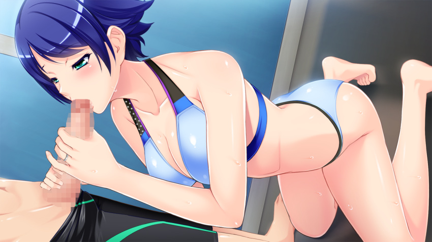 1boy aqua_eyes ass barefoot bikini blue_hair breasts censored cheating cleavage fellatio female from_side game_cg hitozuma_swimming_club ino jammers jewelry kneeling large_breasts mosaic_censoring oral ring shiomya_shiho short_hair solo_focus sports_bikini straight swimsuit wedding_band wet