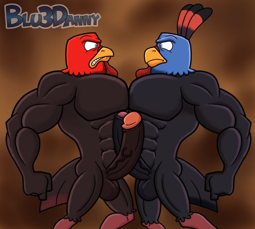 2015 abs anthro avian balls beak biceps big_balls big_muscles big_penis bird blu3danny duo erection eye_contact feathers free_birds humanoid_penis jake_(free_birds) male male_only muscular pecs penis ranger_(free_birds) sword_fight teeth turkey uncut vein