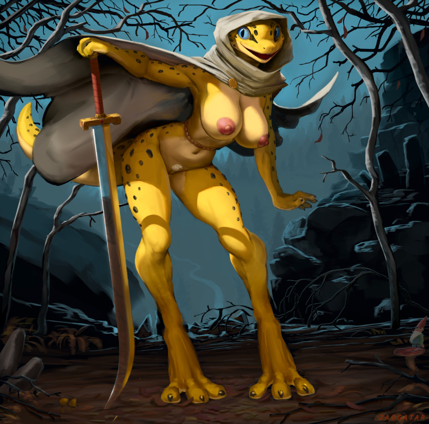 big_breasts big_sword blue_eyes branch breasts cloak clothing female forest gecko happy leaning leaning_forward leopard_gecko lizard melee_weapon mist mountain mushroom nipples nude open_mouth pubes pussy reptile scales scalie smile solo stones sword tree weapon yellow_skin zaggatar