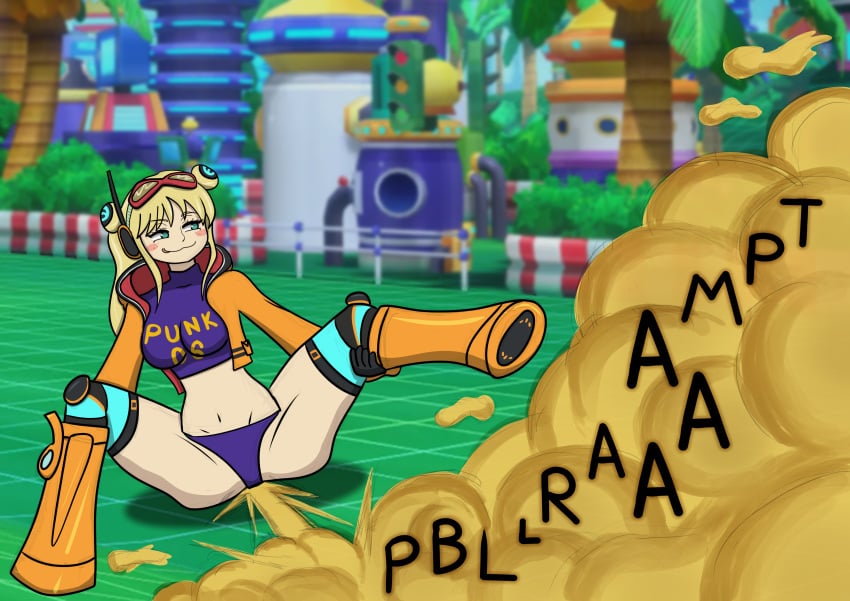 ass blonde_hair blush clothing fart fart_cloud fart_fetish farting female female_only leg_lift one_piece onomatopoeia panties robot_girl robot_humanoid smug smug_face solo solo_female solo_focus sooshinoko thighhighs tongue_out vegapunk_york