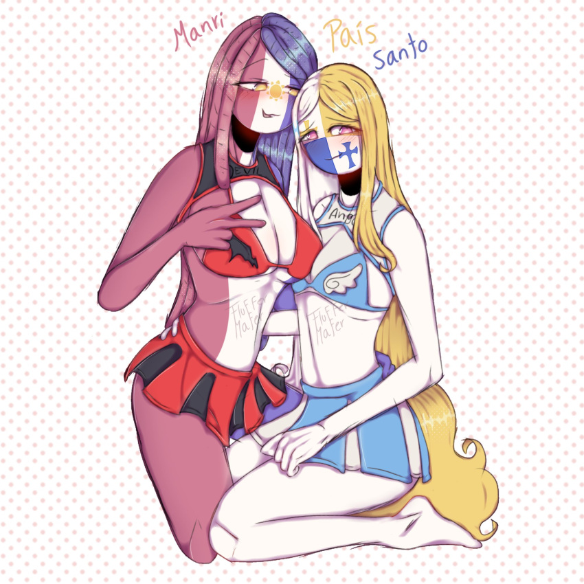 2girls big_breasts blonde_hair clothing countryhumans countryhumans_girl countryhumans_oc fanart female female_only fluffermafer long_hair multicolored_hair small_breasts three_tone_hair