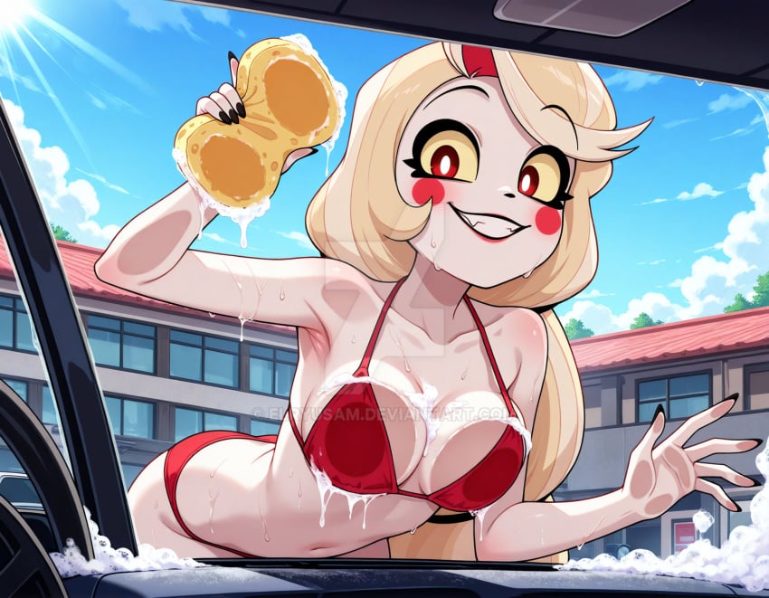ai_generated belly blonde_female blonde_girl blonde_hair_female charlie_morningstar_(hazbin_hotel) clouds day daylight dot_eyes hazbin_hotel holding_sponge not_porn red_bikini red_cheeks red_circle red_eyes sun sunlight sunlight_rays sunny_day tummy vivziepop washing_car wet_bikini wet_body wet_skin white_body white_dot_eyes white_skin youtube