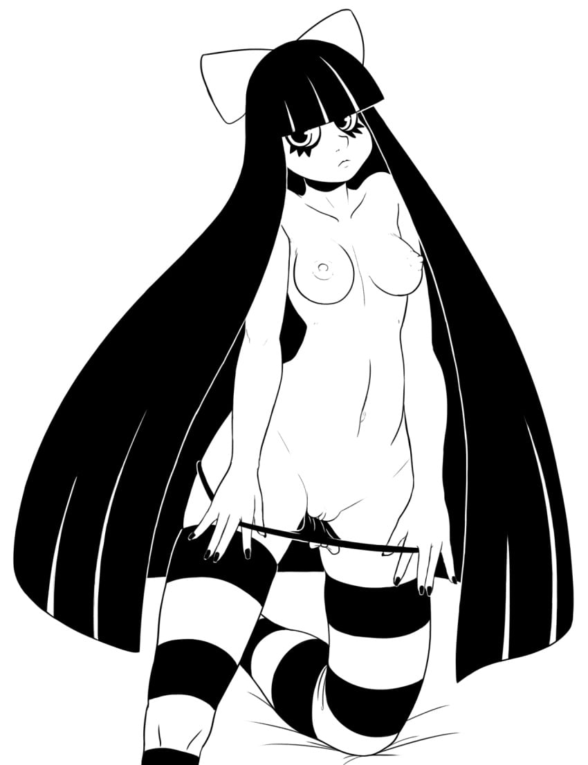 black_and_white bow bow_panties breasts female hairbow hime_cut long_hair looking_at_viewer nail_polish navel nipples panties panty_&_stocking_with_garterbelt panty_pull pussy solo stocking_anarchy striped striped_legwear thighhighs topless underwear whatsalewd