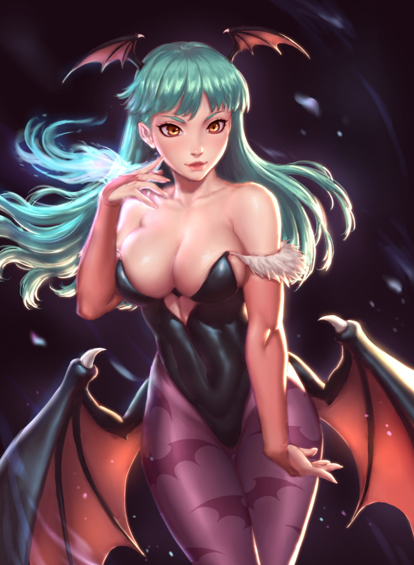 aqua_hair bat_wings breasts bridal_gauntlets capcom cleavage clothing darkstalkers female large_breasts leotard long_hair medium_breasts morrigan_aensland pantyhose seeker_(artist) solo standing succubus thigh_gap wings yellow_eyes