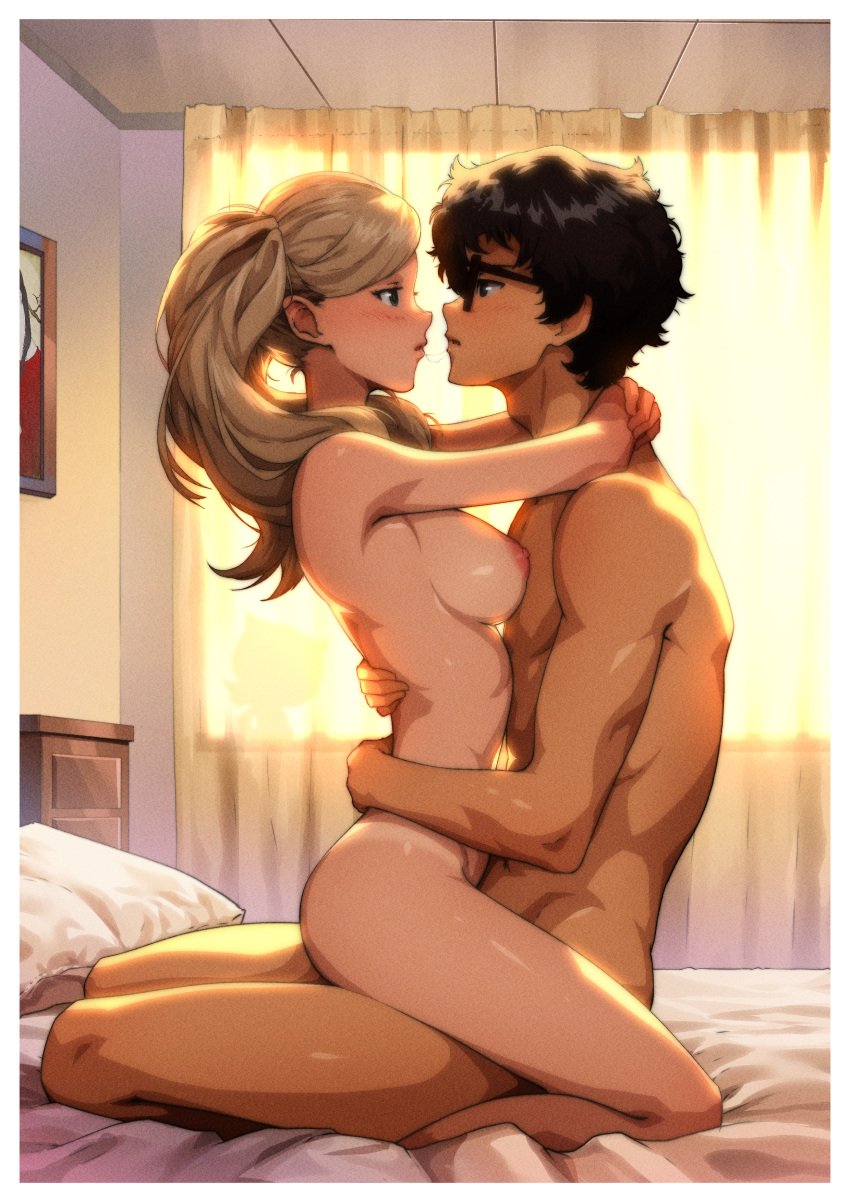 1boy 1boy1girl 1girls absurdres after_kiss bed black_hair blonde_hair breasts completely_nude curtains day face-to-face female full_body glasses highres hugging implied_penetration indoors looking_at_another looking_at_partner medium_breasts nipples nude on_bed persona persona_5 pillow pink_nipples ren_amamiya saliva saliva_trail straddling straight takamaki_anne thatpersonaguy twintails upright_straddle