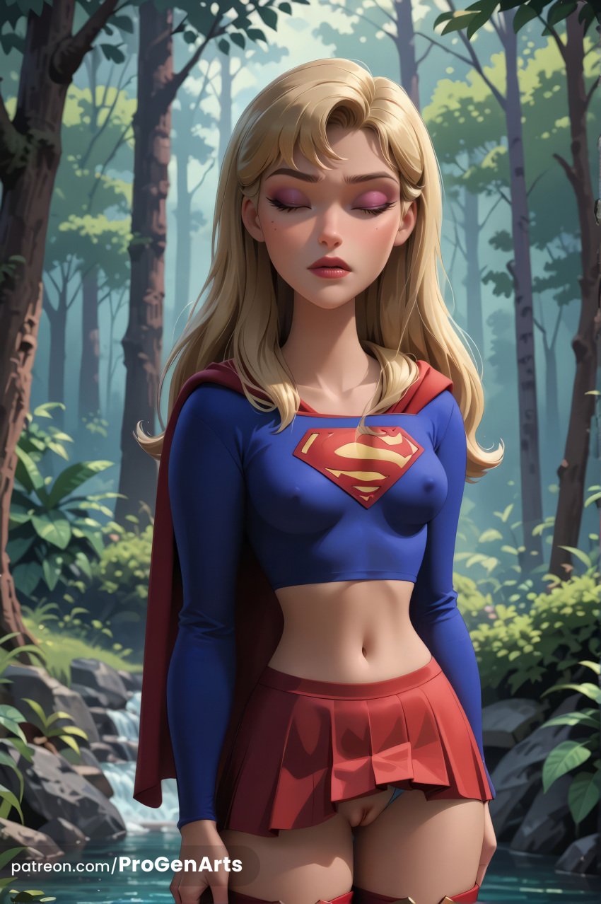1girls ai_generated artist_name blonde_hair blue_shirt breasts cape closed_eyes clothing_aside collarbone covered_nipples cowboy_shot crop_top day dc dc_comics dcau forest hi_res justice_league justice_league_unlimited kara_zor-el lips long_hair long_sleeves makeup medium_breasts midriff miniskirt nature navel outdoors panties panties_aside parted_lips patreon_username pleated_skirt progenarts pussy red_cape red_lips red_skirt red_thighhighs shirt skirt solo standing stomach supergirl superman_(series) thighhighs tree uncensored underwear water web_address