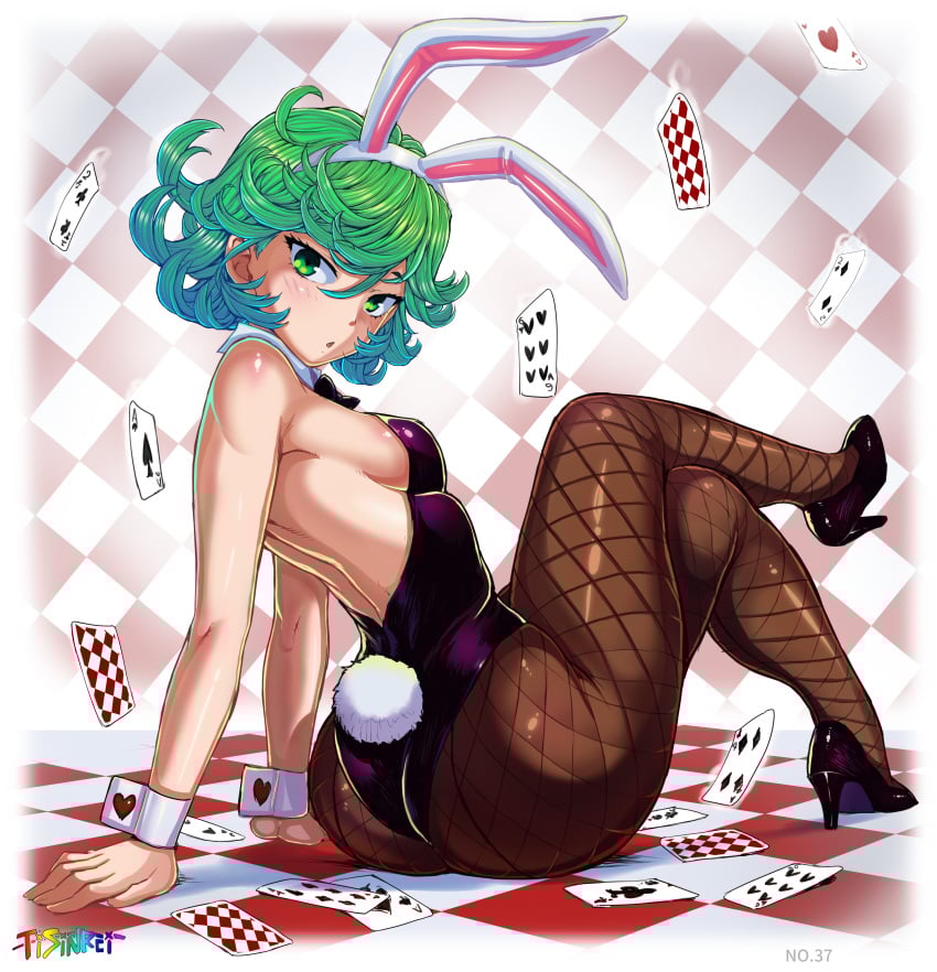 1girls alternate_version_available armwear ass big_ass black_bunnysuit breasts bunny_ears bunny_tail bunnysuit cards color colored crossed_legs fake_animal_ears fake_tail female female_only fishnet fishnet_legwear fishnets footwear green_eyes green_hair hair heels high_heels high_resolution highres leggings legs_crossed legwear looking_back mogudan neckwear one-punch_man short_hair small_breasts solo solo_female tail tatsumaki tisinrei