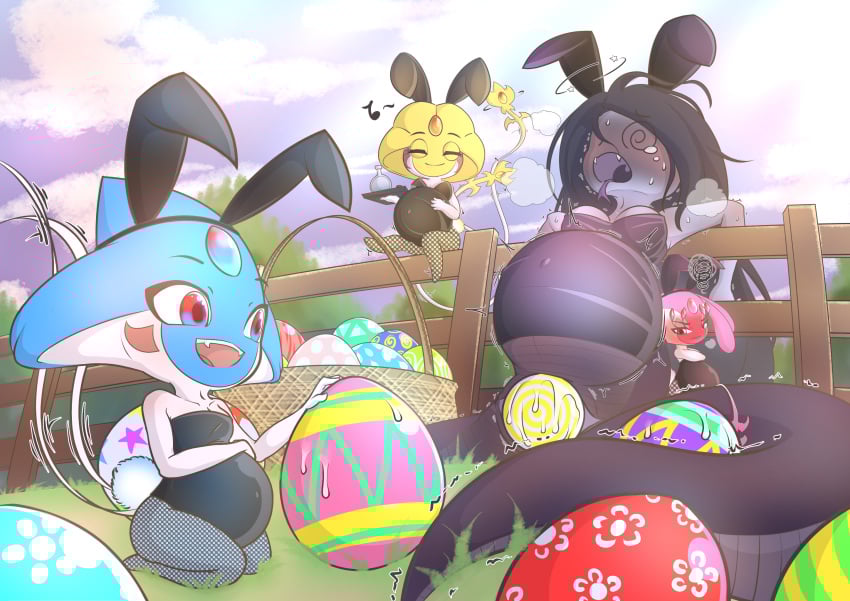 abigail_(darlondemonic) anthro apode azelf basket big_belly bunny_costume clothing container costume crowning darlondemonic demon draconcopode easter easter_basket easter_bunny easter_egg easter_egg_costume egg egg_laying female fishnet_clothing fishnet_legwear fishnet_stockings group hi_res holidays labor lamia legendary_pokemon legless legwear lucy_(preggypuppy) mary_(darlondemonic) mesprit nintendo playboy_bunny pokémon_(species) pokemon pokemon_(species) pregnant pregnant_anthro pregnant_female push pushing pushing_out python reptile scalie serpentine snake split_form uxie water_breaking yuri_(darlondemonic)