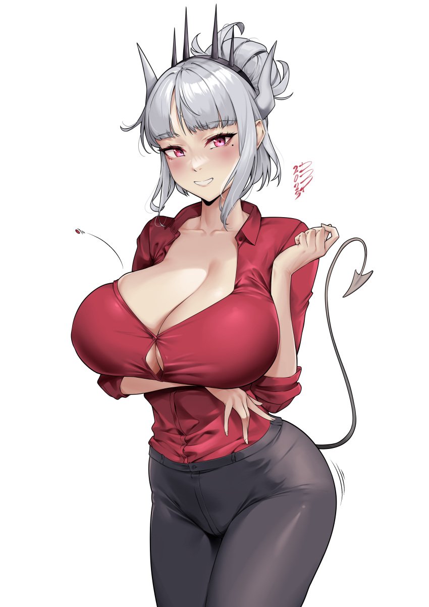alternate_breast_size breast_expansion bursting_breasts cleavage damobelmont damodar helltaker highres lucifer_(helltaker) popped_button