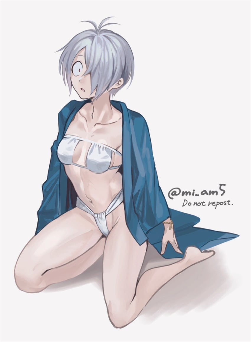 bikini eyepatch_bikini female female_only full_body fundoshi gegege_no_kitarou genderswap_(mtf) hair_over_one_eye japanese_clothes kimono kitarou_tanjou_gegege_no_nazo looking_at_viewer medama_oyaji_(human) medium_breasts mi_am5 open_kimono pale-skinned_female pale_skin rule_63 short_hair sitting solo very_short_hair white_hair