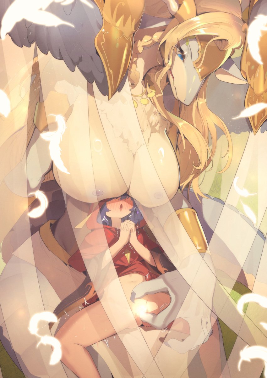 2girls absurdres anthro blonde_hair blue_eyes blue_hair breasts commentary_request commission dragon_girl duel_monster feathers female female_orgasm fingering hair_over_eyes highres hood hood_up hooded_robe large_breasts lo_the_prayers_of_the_voiceless_voice long_hair multiple_girls nipples open_mouth orgasm pixiv_commission praying red_robe ro_g_(oowack) robe saffira_divine_dragon_of_the_voiceless_voice saffira_queen_of_dragons tongue tongue_out trembling yu-gi-oh! yuri