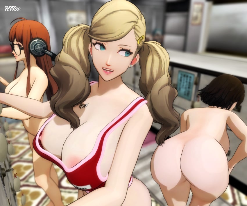 3d 3d_(artwork) 3girls ann_takamaki artist_name ass atlus big_breasts breasts female htr18 makoto_niijima mostly_nude multiple_girls nude persona persona_5 sakura_futaba smile tattoo