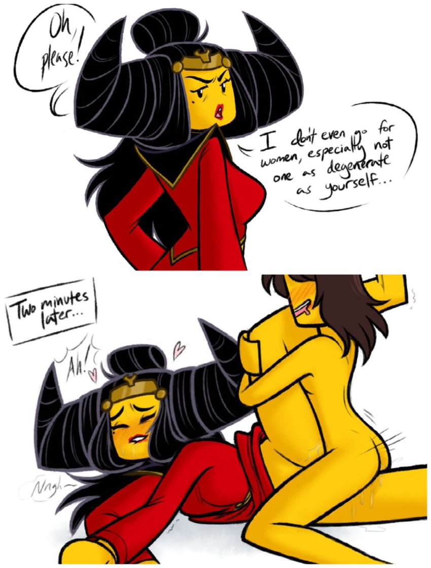 black_hair black_hair_female bottomless bottomless_female degeneracy degradation degrading demoness dialogue dirty_platypi domination domination/submission down_bad drool female femdom fucked_into_submission fucking_good_and_hard grinding grinding_pussy lego lego_monkie_kid lesbian_domination lesbian_focus lesbian_sex lustful_energy lustful_expression nude_female original_character princess_iron_fan pussy_grinding sapphic submission text text_box text_bubble time_skip villainess villainess_sub yuri