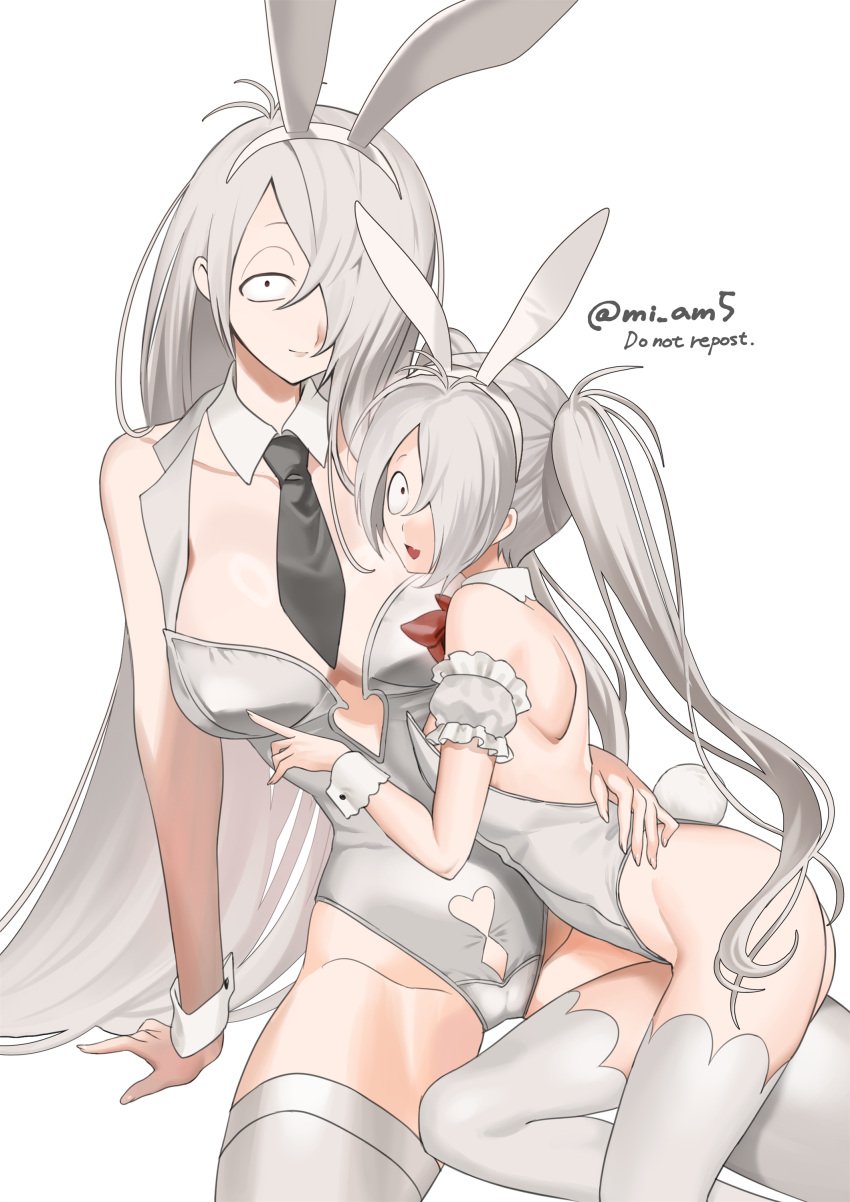 2girls age_difference aged_down big_breasts breast_size_difference bunny_ears bunny_tail bunnysuit dual_persona female female_only gegege_no_kitarou genderswap_(mtf) ghost_girl hair_over_one_eye kitarou_tanjou_gegege_no_nazo long_hair looking_at_viewer medama_oyaji_(human) mi_am5 necktie pale-skinned_female pale_skin playboy_bunny rule_63 sitting small_breasts thighhighs twintails very_long_hair white_hair white_legwear white_thighhighs