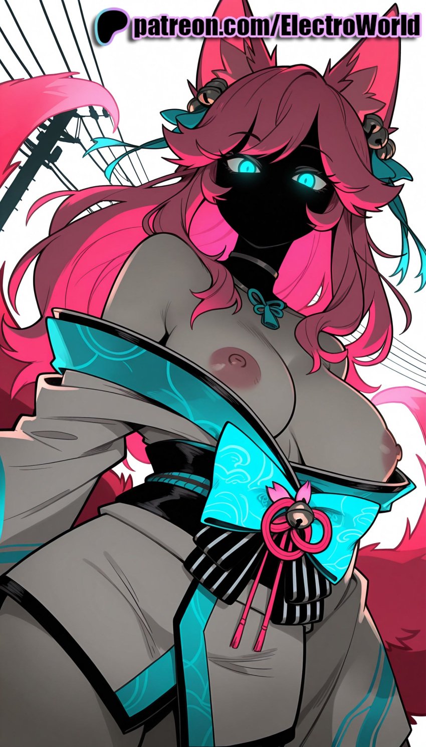 1girls 2025 ahri ai_generated animal_ears artist_name breasts breasts breasts bust chest colored_skin electroworld exposed_nipples female glowing hi_res high_quality high_resolution highres league_of_legends multicolored_hair nipples nipples_outside patreon patreon_username pink_hair riot_games solo stable_diffusion tail watermark