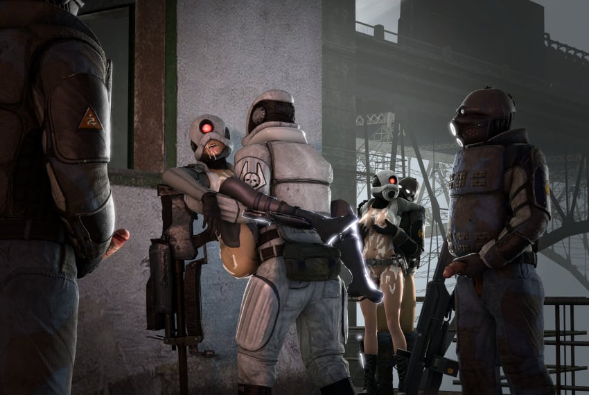 2girls 3d combine_(half-life_series) combine_assassin_(half-life_series) cum cum_in_mouth cum_on_body cum_on_breasts cum_on_face dubious_consent gangbang half-life_(series) mask masked_female multiple_boys omgmomg outdoors sex sfm valve