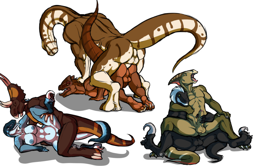 anthro balls brachiosaurus breasts charonosaurus claws cultmastersleet diabloceratops dilphosaurus dinosaur female hi_res male open_mouth penetration penis pussy raptor reptile sauropod scalie sex straight teeth thaine yaoi