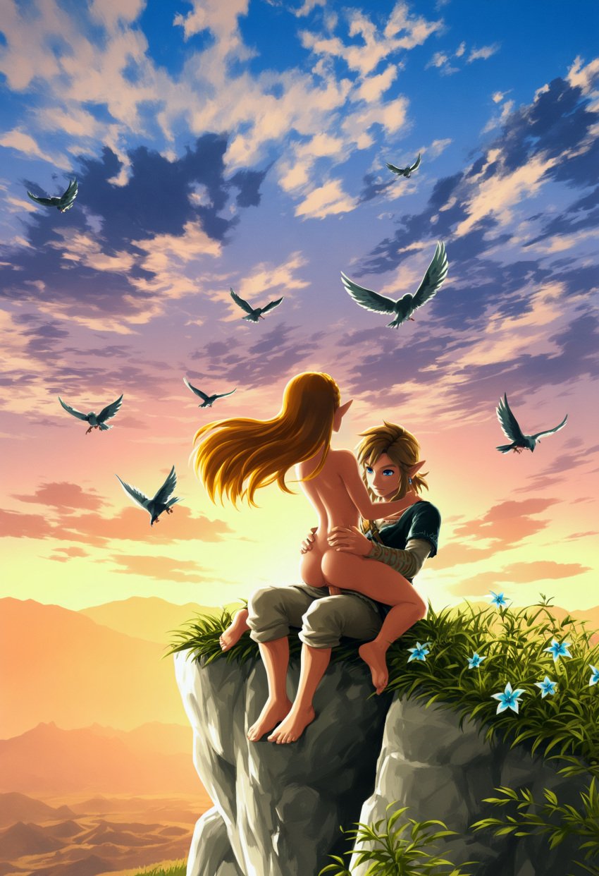 1boy 1girl1boy 1girls ai_generated ass barefoot bird blonde_hair blue_eyes cliff clothed_male_nude_female cloud clouds cloudy_sky day female flower full_body grass hands_on_hips link mountain mountainous_horizon nintendo nude nude_female outdoors pointy_ears portrait princess_zelda rock scenery sex straddling sunset the_legend_of_zelda the_legend_of_zelda:_breath_of_the_wild the_legend_of_zelda:_tears_of_the_kingdom twilight vaginal_insertion vaginal_penetration vaginal_sex wide_shot zelda_(breath_of_the_wild) zelda_(tears_of_the_kingdom)