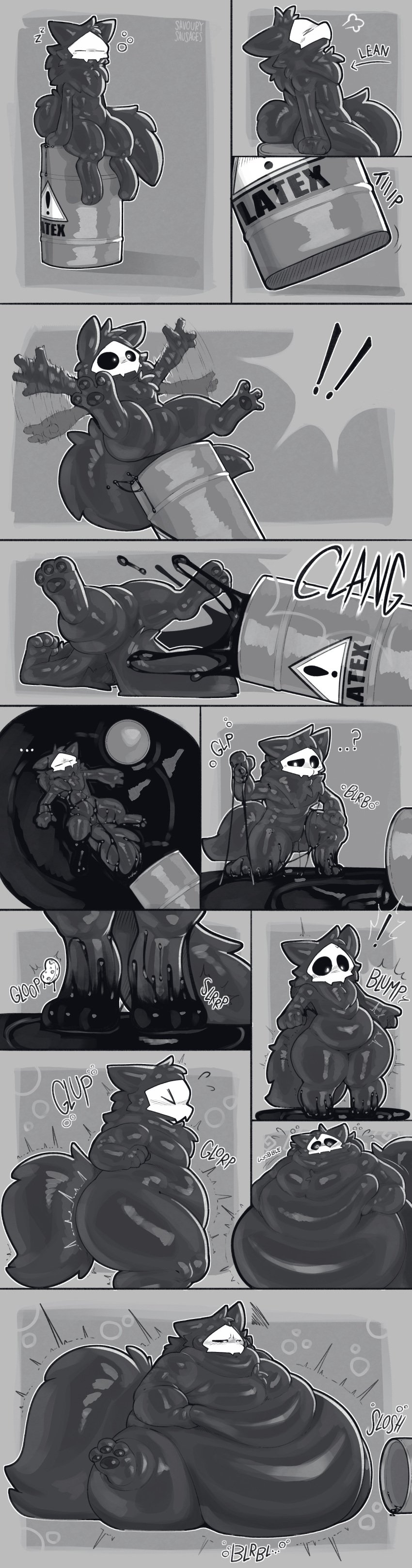 2024 absurd_res accident annoyed anthro belly belly_grab belly_overhang big_belly black_body black_fur changed_(video_game) comic falling fat_folds fluffy fur hi_res huge_belly hyper hyper_belly immobile inflation latex liquid_inflation liquid_latex male mask monochrome obese obese_anthro obese_male overweight overweight_anthro overweight_male puddle puro_(changed) savourysausages sketch solo surprise surprised_expression weight_gain white_mask