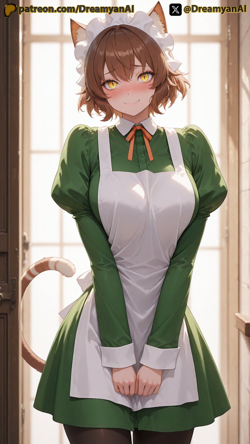 2025 ai ai_assisted ai_generated anime anime_style anya_fromel artist_name breasts brown_hair cat_ears cat_girl cat_tail catgirl dreamyan_ai dungeon_ni_deai_wo_motomeru_no_wa_machigatteiru_darou_ka embarrassed flustered hi_res high_quality high_resolution highres maid maid_headdress maid_uniform patreon short_hair slit_pupils smile smiling smiling_at_viewer thick_ass thick_thighs thighs uncensored waitress white_body white_skin yellow_eyes